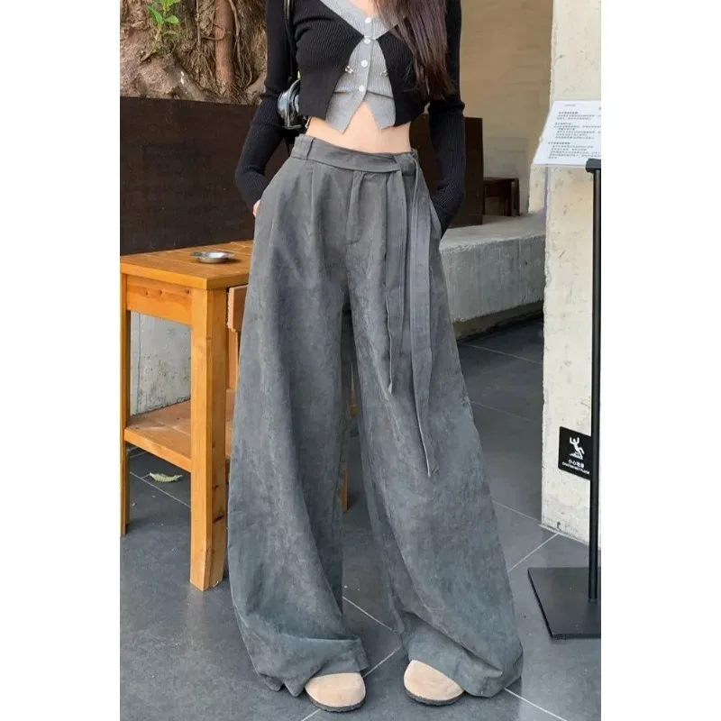 Women's Gray High-waisted Wide-leg Pants With Self-tie Belt Loose-fit Casual Trousers