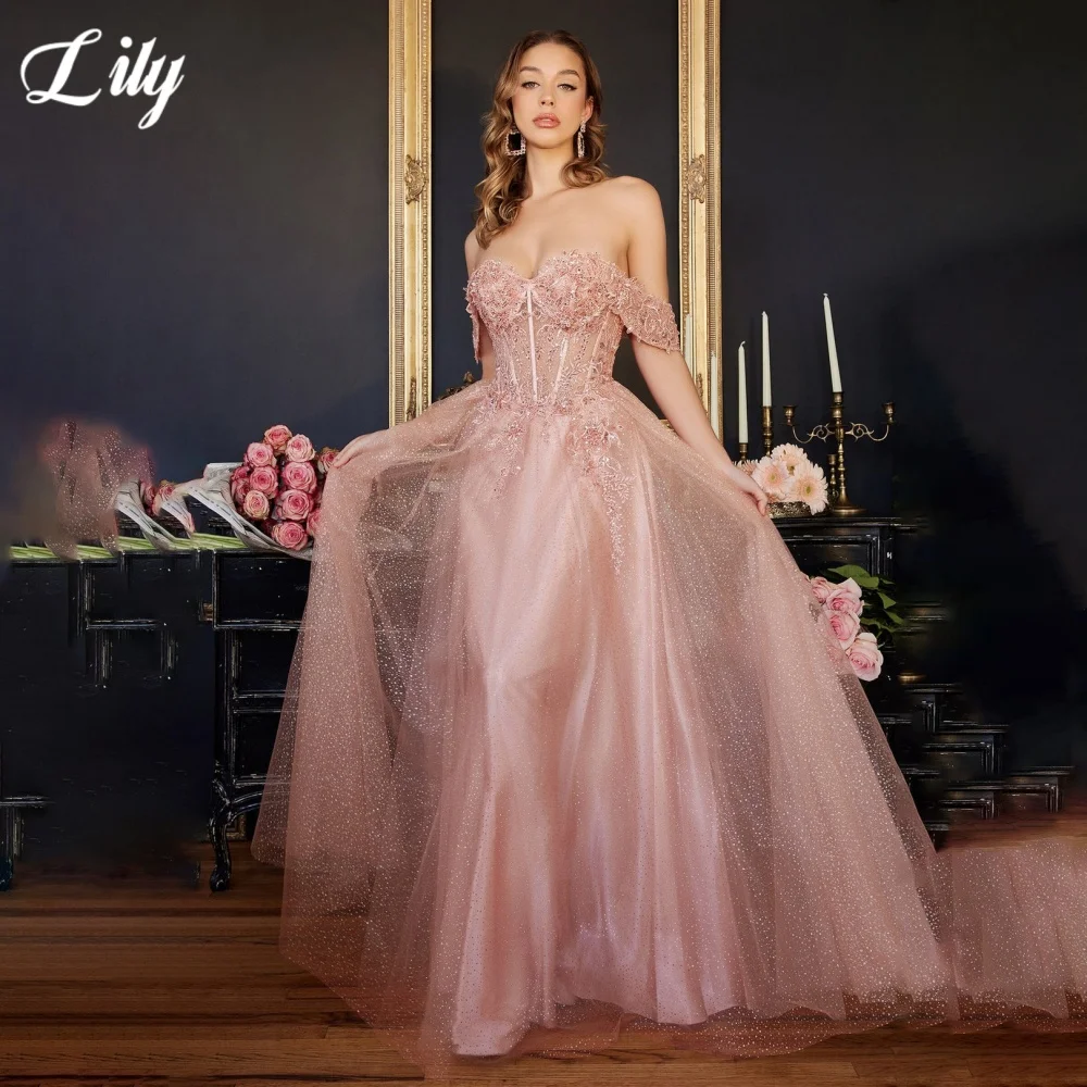 

Lily Gorgeous Elegant Prom Dresses Sweetheart Off the Shoulder Prom Gown with Applique Shiny Sequins Hollow Ball Gown Customized