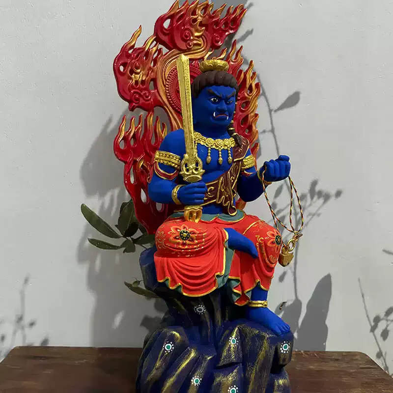 Hand Painted Gilded Fudo Myoo Acalanatha Statue Sculpture Buddhist Wrathful Deity Figurine Ornament for Home Temple Altar Decor