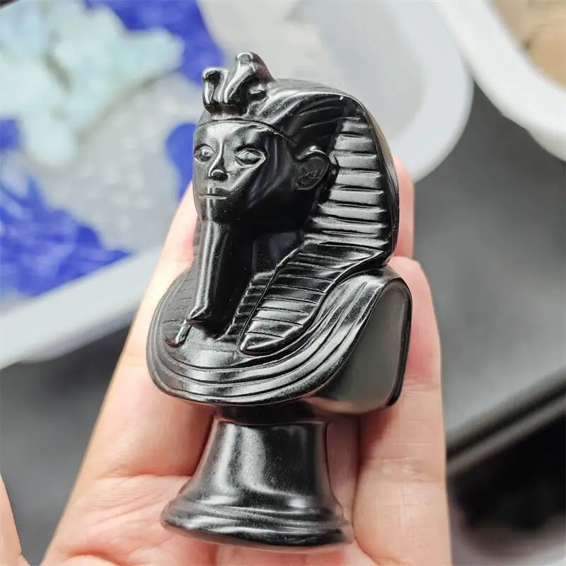 Natural Black Obsidian Egyptian Pharaoh Carvings Crystal Love Healing Fengshui Gemstones HomeDecoration Holiday Gift 1PCS