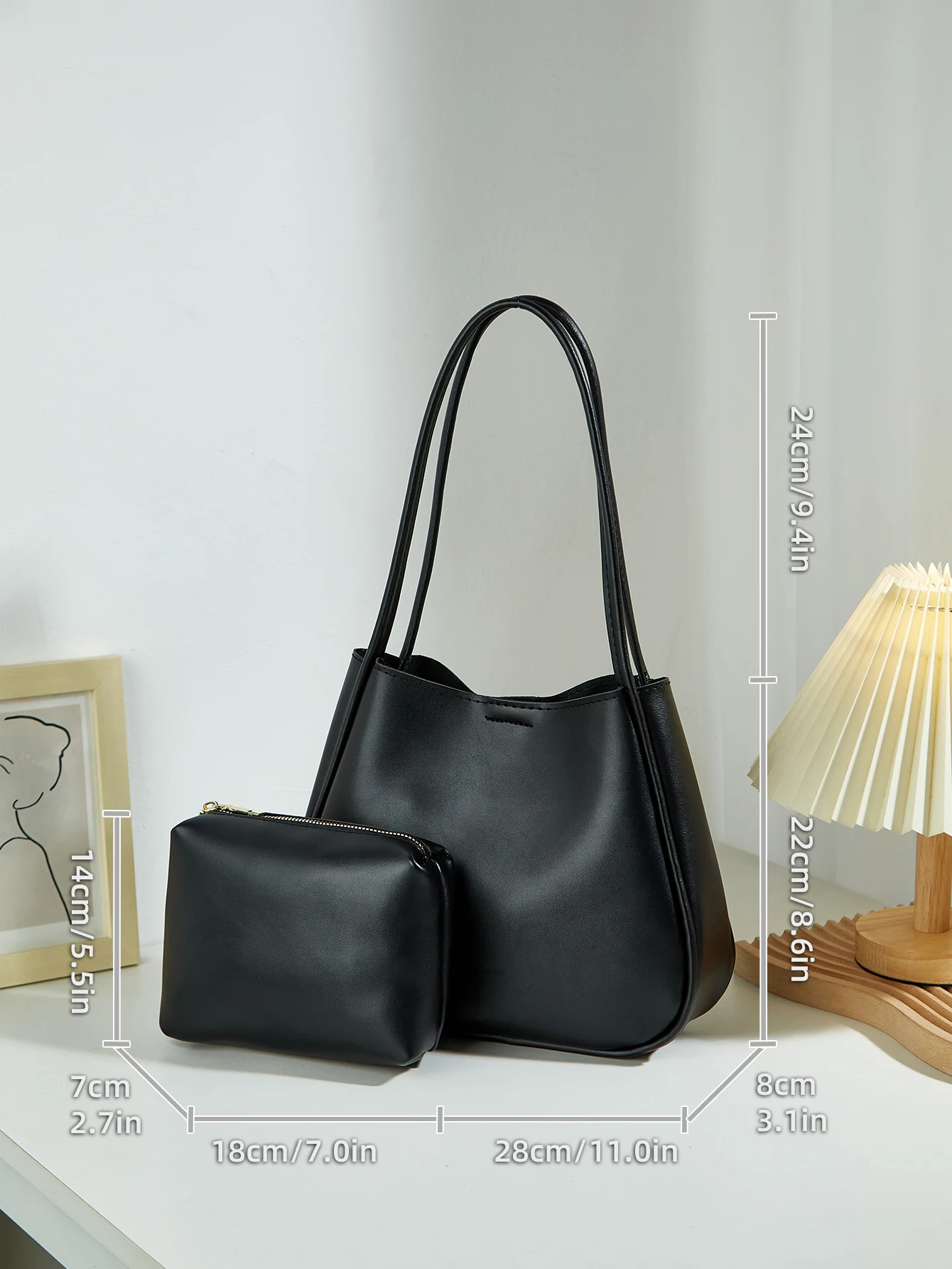 Conjunto de 2 peças de grande capacidade, elegante, versátil, novo estilo, minimalista, cor sólida, bolsa de ombro e portátil feminina