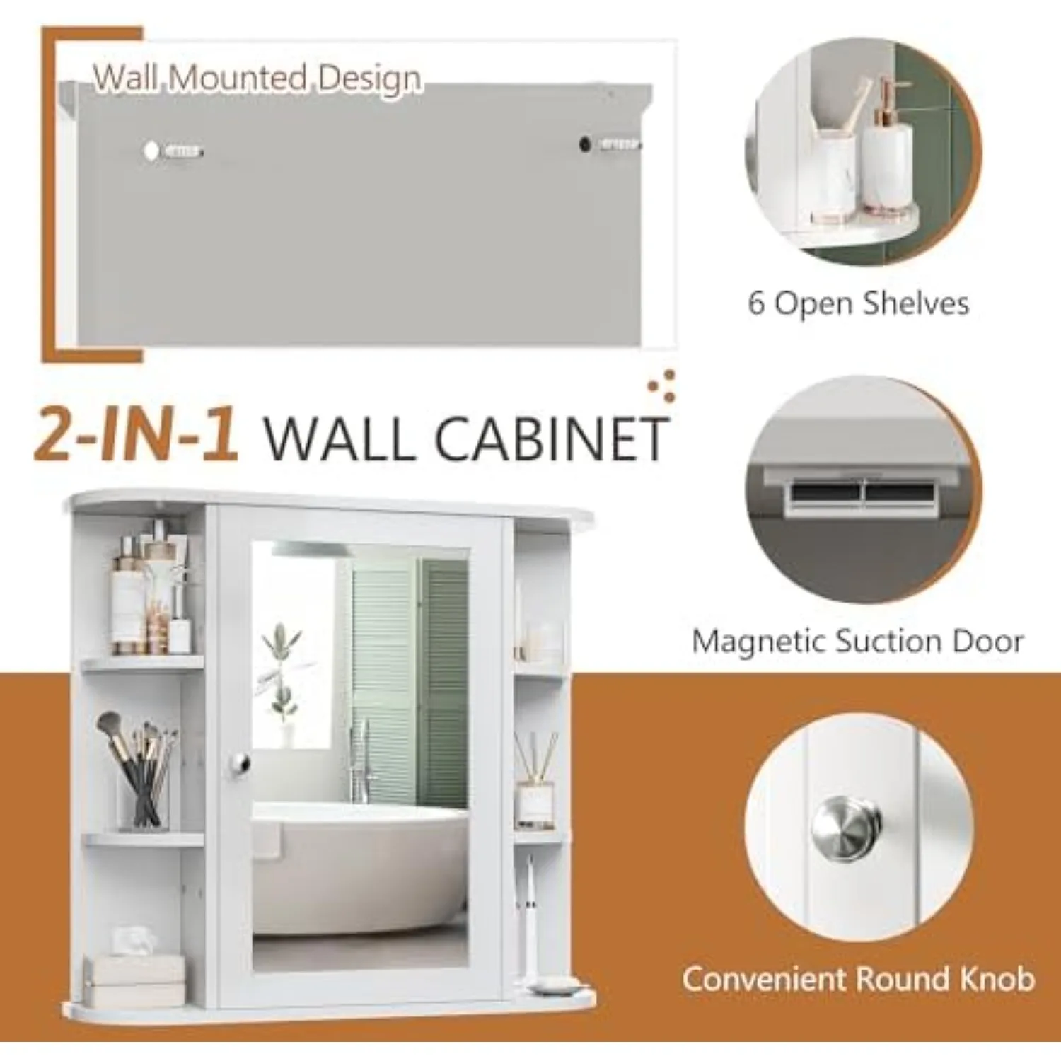 Bathroom Medicine Cabinet, Bathroom Mirror Cabinet Wall Mounted with 6 Side Open Shelves, White Wall Cabinet with view 6