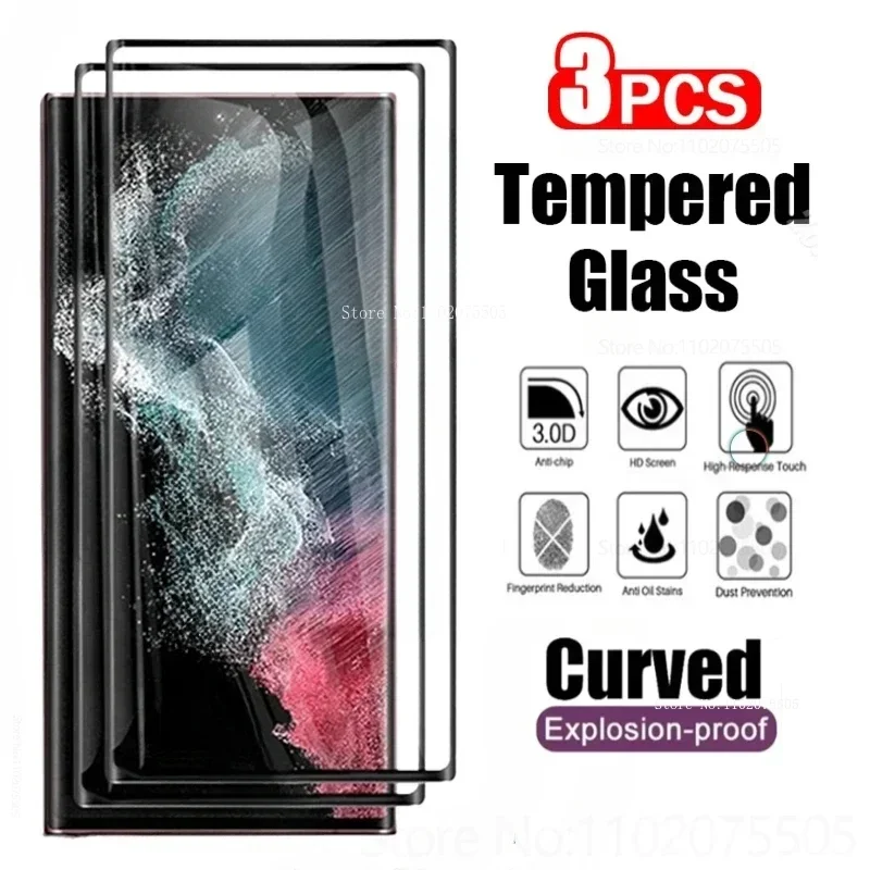 3 Stück gebogenes gehärtetes Glas für Samsung Galaxy S23 S25 S22 S24 Ultra S20 Plus Displayschutzfolie für Samsung Note 9 10 20 S10 S9