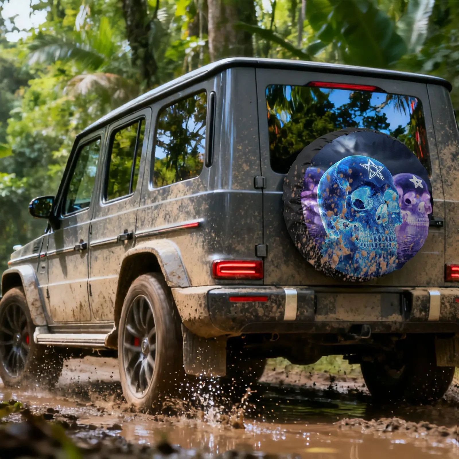 Glow Skull Pattern Polyester Tire Cover | Waterproof Reflective Water Ripples, Dark Storm Sky Background, Blue-Purple Skull Comb
