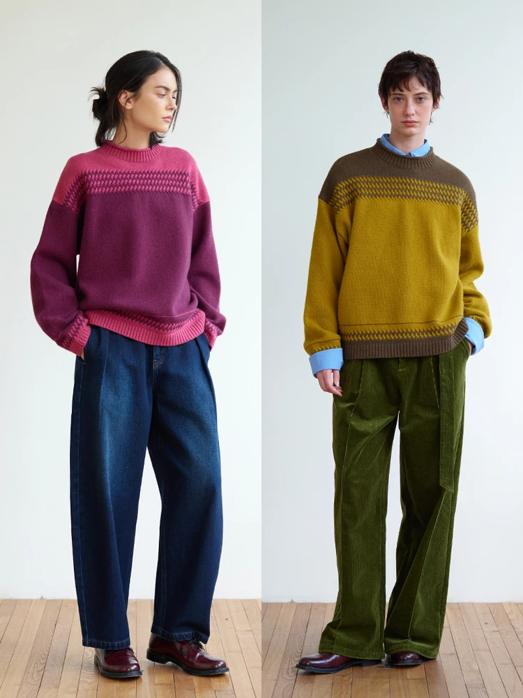 

Вязаный шерстяной свитер в стиле ретро с цветными блоками, круглый вырез, свободный крой, осенне-зимний, теплый, с длинными рукавами, воротник на одной пуговице