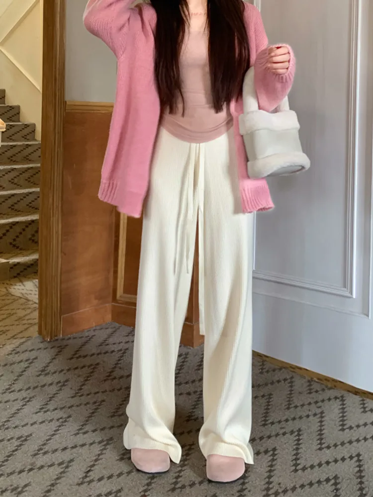 Cor sólida cordão de malha calças casuais para mulheres outono inverno cintura alta longa perna larga preto branco rosa calças soltas