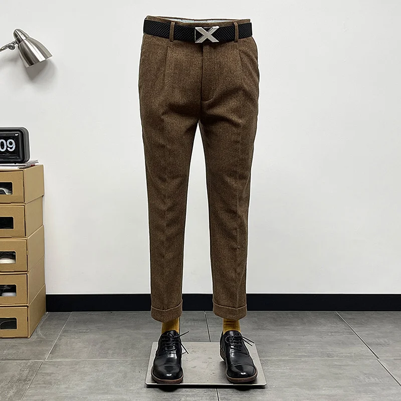 

23% Wool Brown Mens Dress Casual Thick Pants Slim Fit 2022 Winter Autumn Warm Trousers Roll Hem Leisure Suits Pant Korea Style