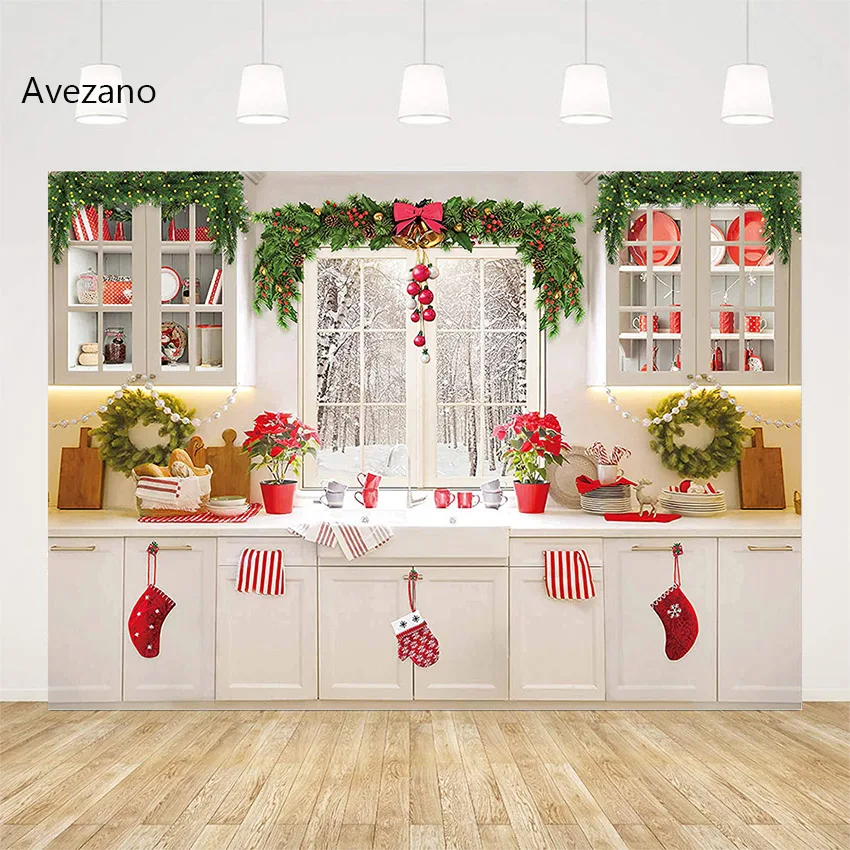 

Avezano Christmas Backdrops for Photography Window Kitchen Cupboard Family Holiday Party Decor Winter Background Photo Studio
