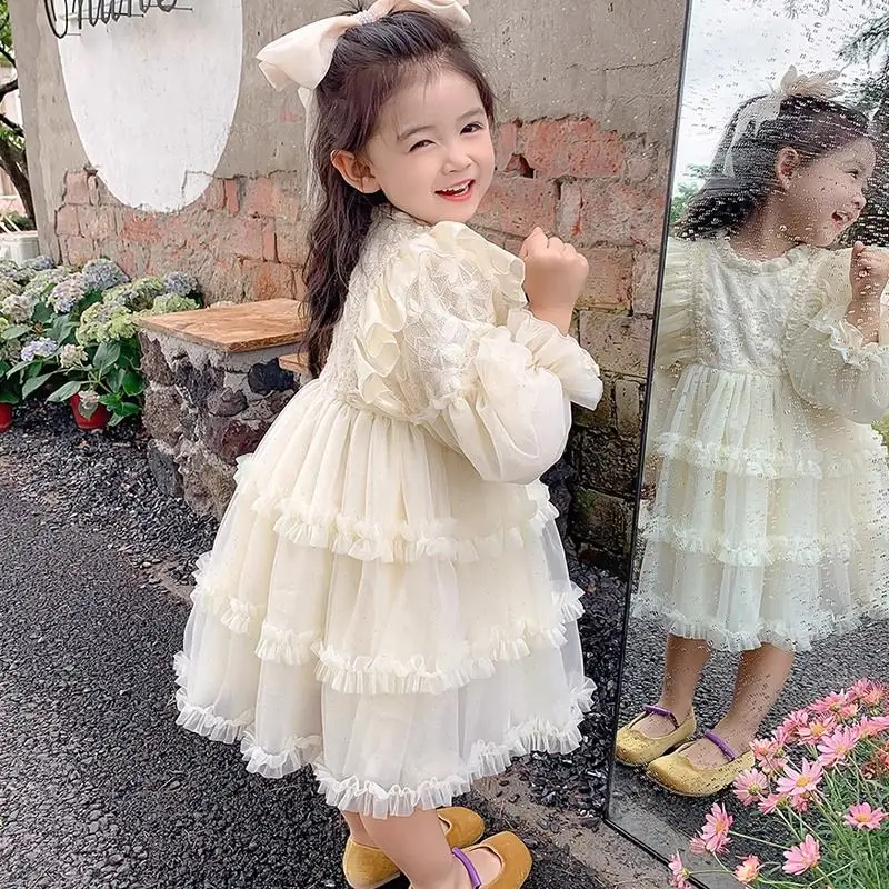 Spring Autumn Spanish Vintage Royal Palace Princess Lace Gauze Floral Dress Girl Lolita Clothes Elegant Party Cake Layed Skirt