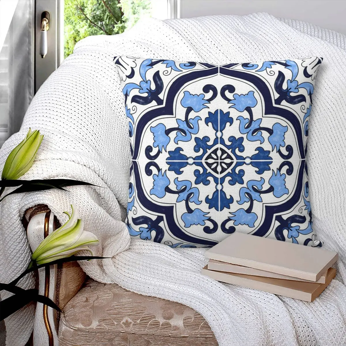 Blue Ornate Floral Mediterranean Sicilian Tile 1 Square Pillowcase Pillow Cover Cushion Throw Pillow for Home Living Room