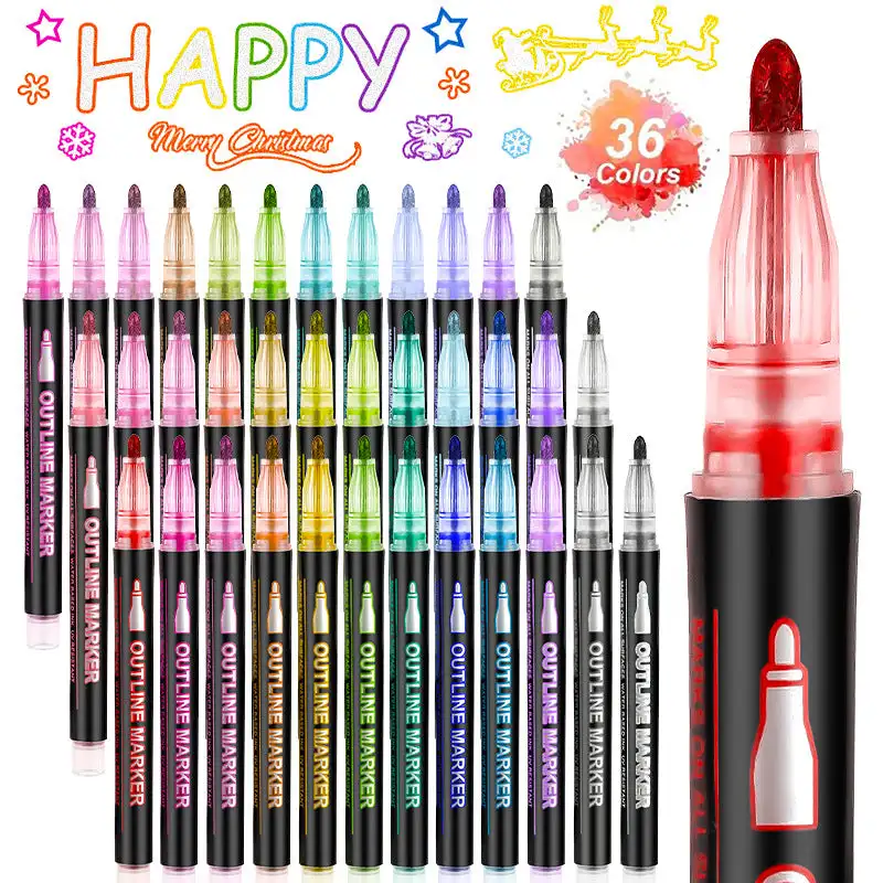 Coloring Lightstick Graffiti Highlighter Pens 8/12/24/36/48 Colors Double-line Outline Pen DIY Handbook Fluorescent Marker Pen