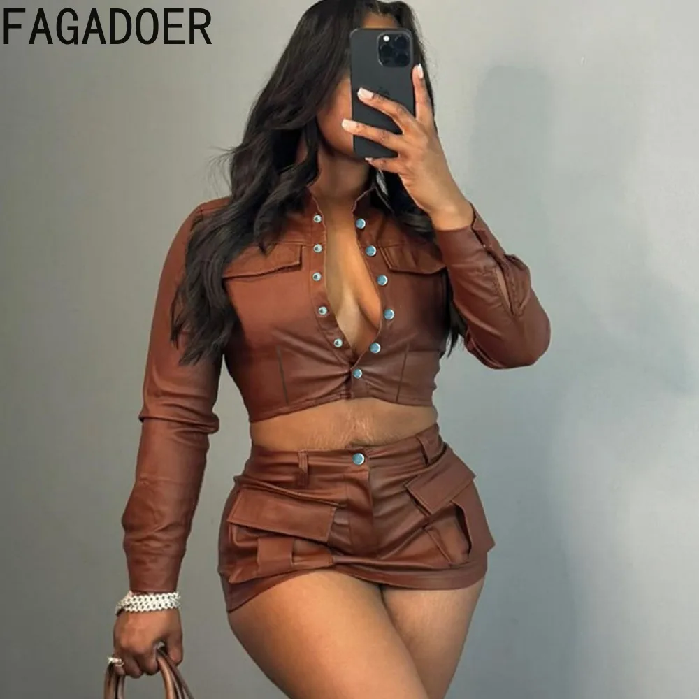 

FAGADOER Fashion Punk PU Leather Mini Skirts Two Piece Sets Women Turndown Collar Button Long Sleeve Crop Top And Skirts Outfits