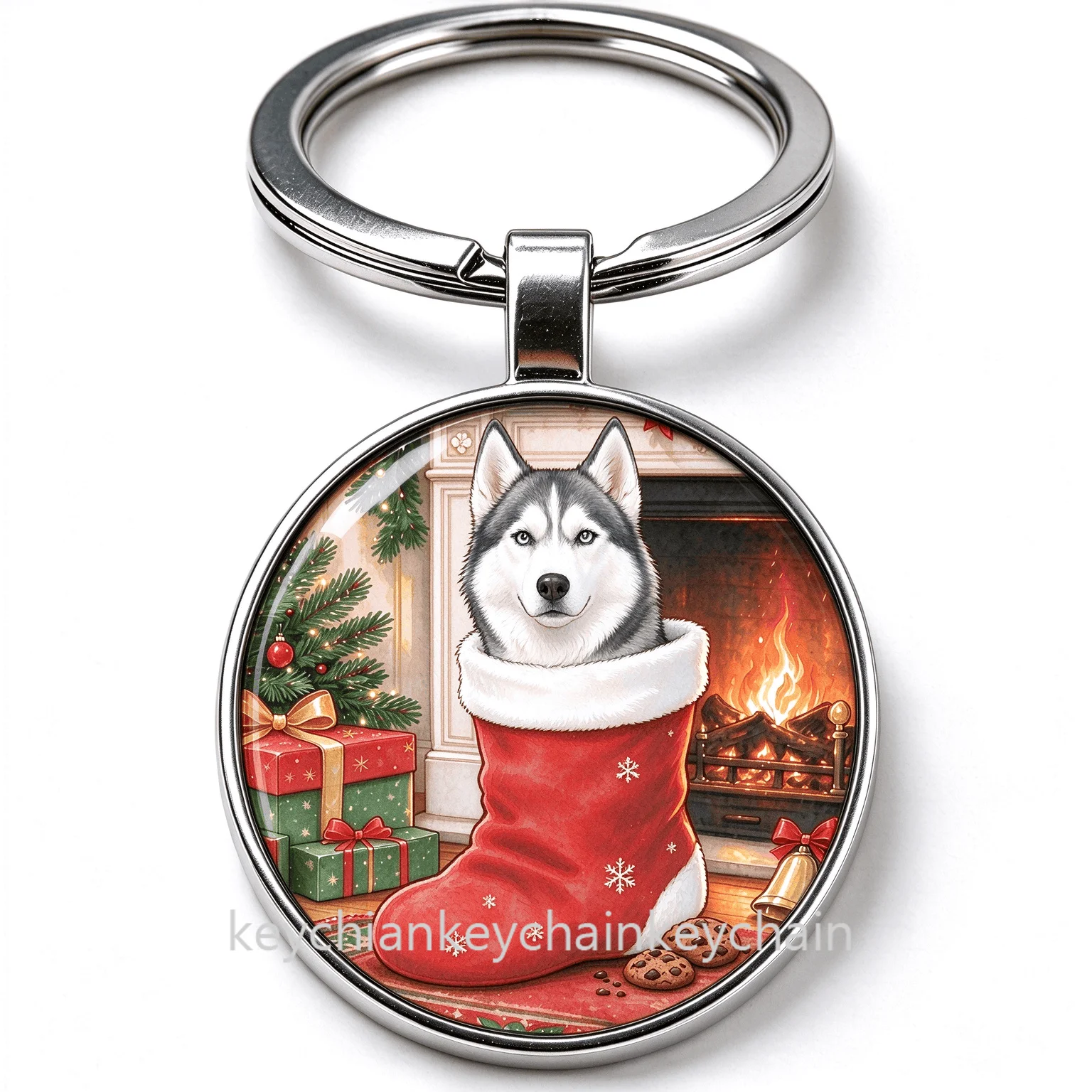 Christmas Siberian Husky Dog Key Chain Round Keyring Cute Puppy Christmas Holiday Present for Pet Fans