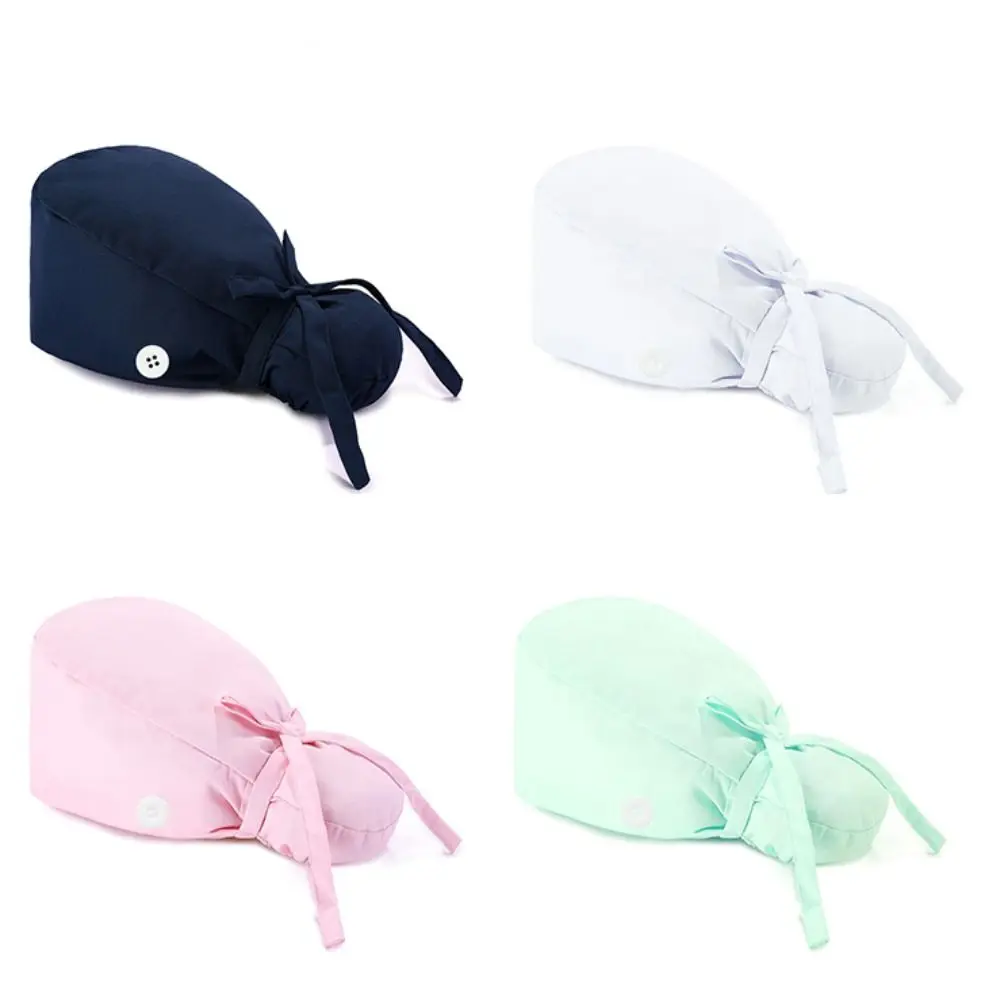 1PC Women Men Surgical Scrub Caps Ponytail Holder With Buttons Adjustable Dentist Nursing Hats Bouffant Long Hair Turban Hats