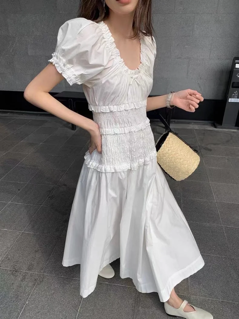 

Ruffles Edge Women's Pleated Maxi Dress O-Neck Puff Sleeve Elastic Waist Fashion Ladies Cotton Robe