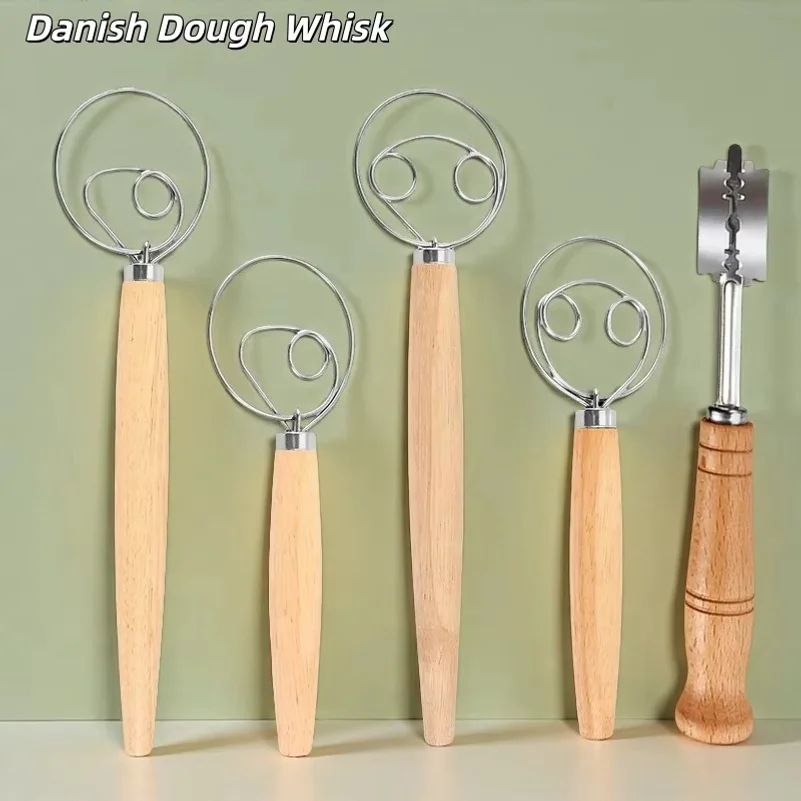 Stainless Steel Dough Whisk with Smooth Wooden Handle Sourdough & Bread Mixing