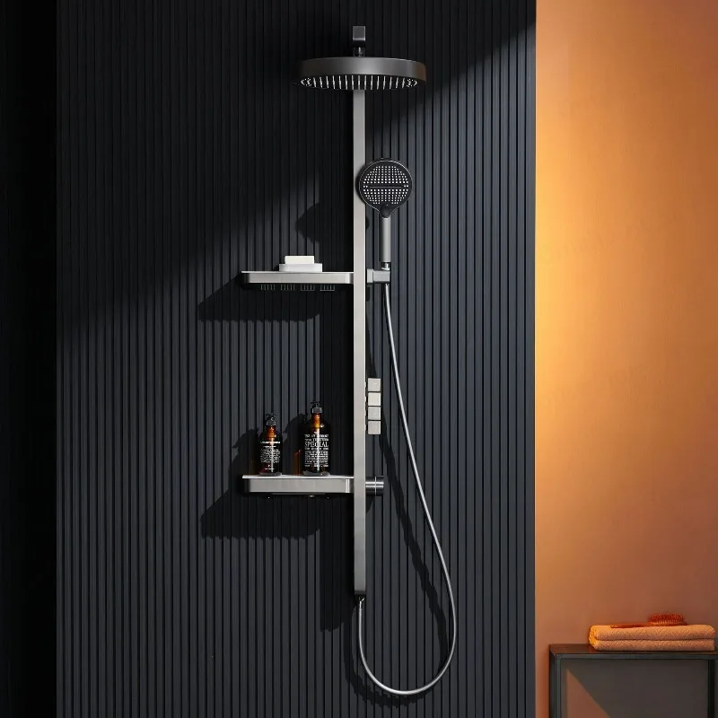 Luxury Bathroom Smart Rainfall Shower System Brass Construction Large Storage Shelf Rainfall Massage Jet Supercharged Shower Set