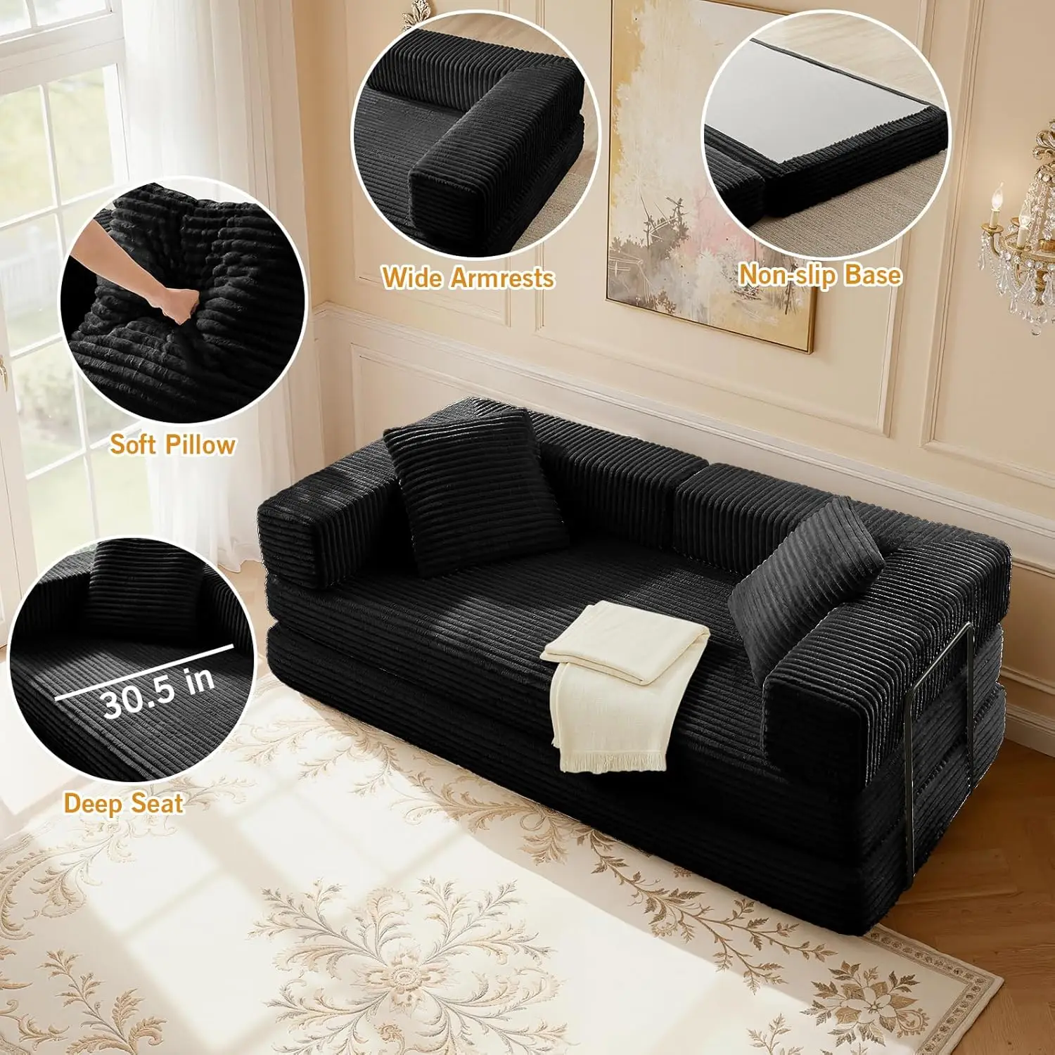 أريكة سرير قابلة للتحويل مقاس 81 بوصة، أريكة أرضية قابلة للطي مع مسند ذراع مربع، أريكة قماش قصير مضغوط بدون عظم في صندوق، أكمام مريحة