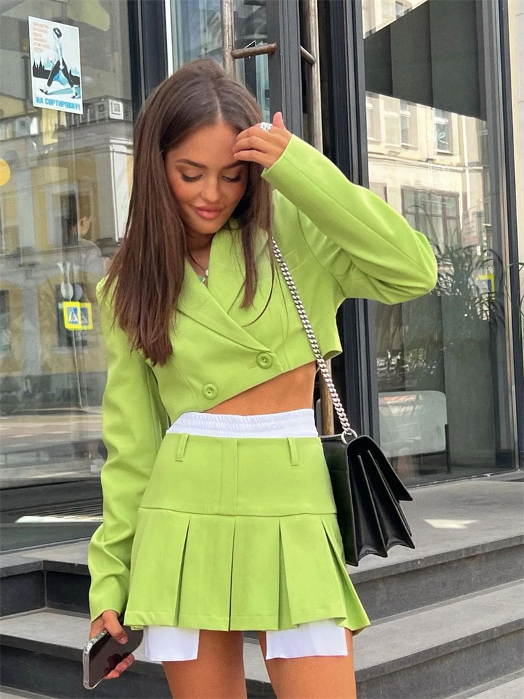 2023 New Fall Women Blazer Suit Two Piece Sets Turn-down Collar Blazers Tops And Pleated Skirts Femme High Street Y2K Outfits