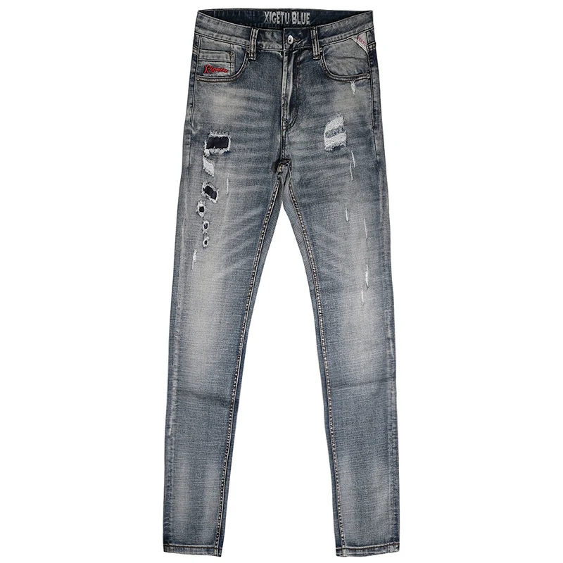 Fashion Embroidery Designer Men Jeans Retro Gray Blue Elastic Slim Fit Hole Ripped Jeans Men Patched Vintage Denim Pants Hombre