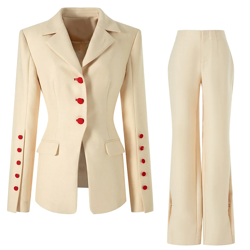 Conjuntos de dos piezas Blazer Pantalones Beige Mujer Oficina Botonadura roja Botón personalizado Sastrería Blazer Trajes de pantalón Traje formal