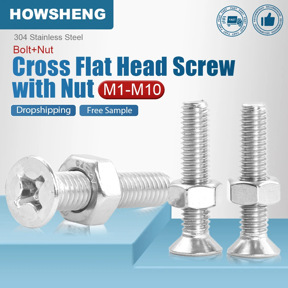 HOWSHENG 2-50sets Cross Flat Head screw and Nut Set M1 M2 M3 M4 M5 M6 M8 M10 Stainless Steel Phillips Countersunk Head Screws