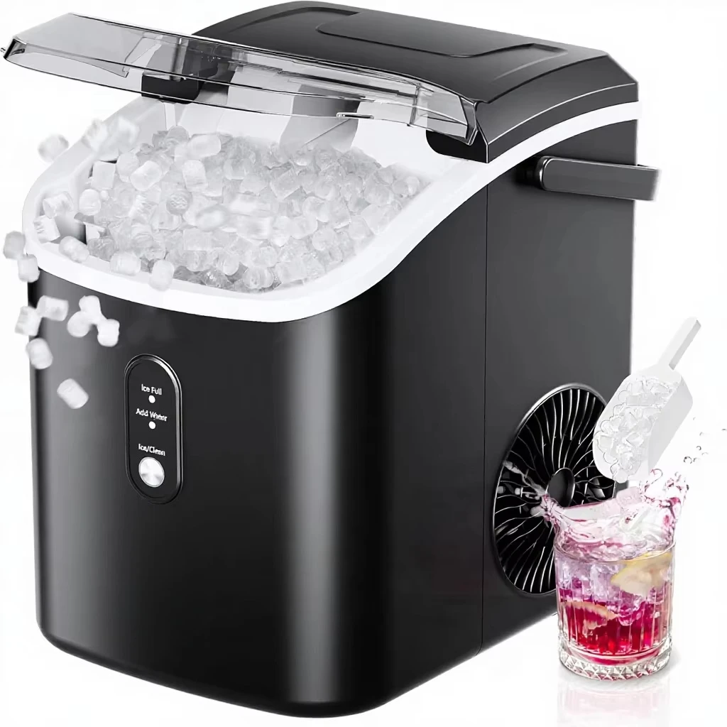 EUHOMY Nugget Ice Maker Countertop Ready 6 Mins 34lbs/Day Removable Top Cover Auto-Cleaning Portable Sonic Basket Scoop