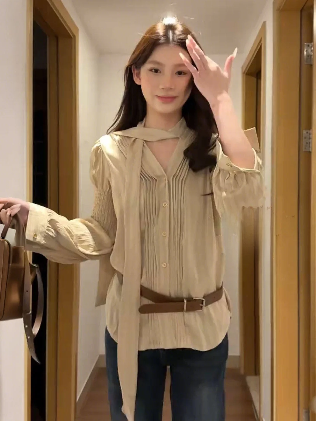 

Женский топ Ele V-Ne Lantern Sve с лентой, весна-осень 2026, новая коллекция, высококачественный, легкий, омолаживающий, индивидуальный дизайн