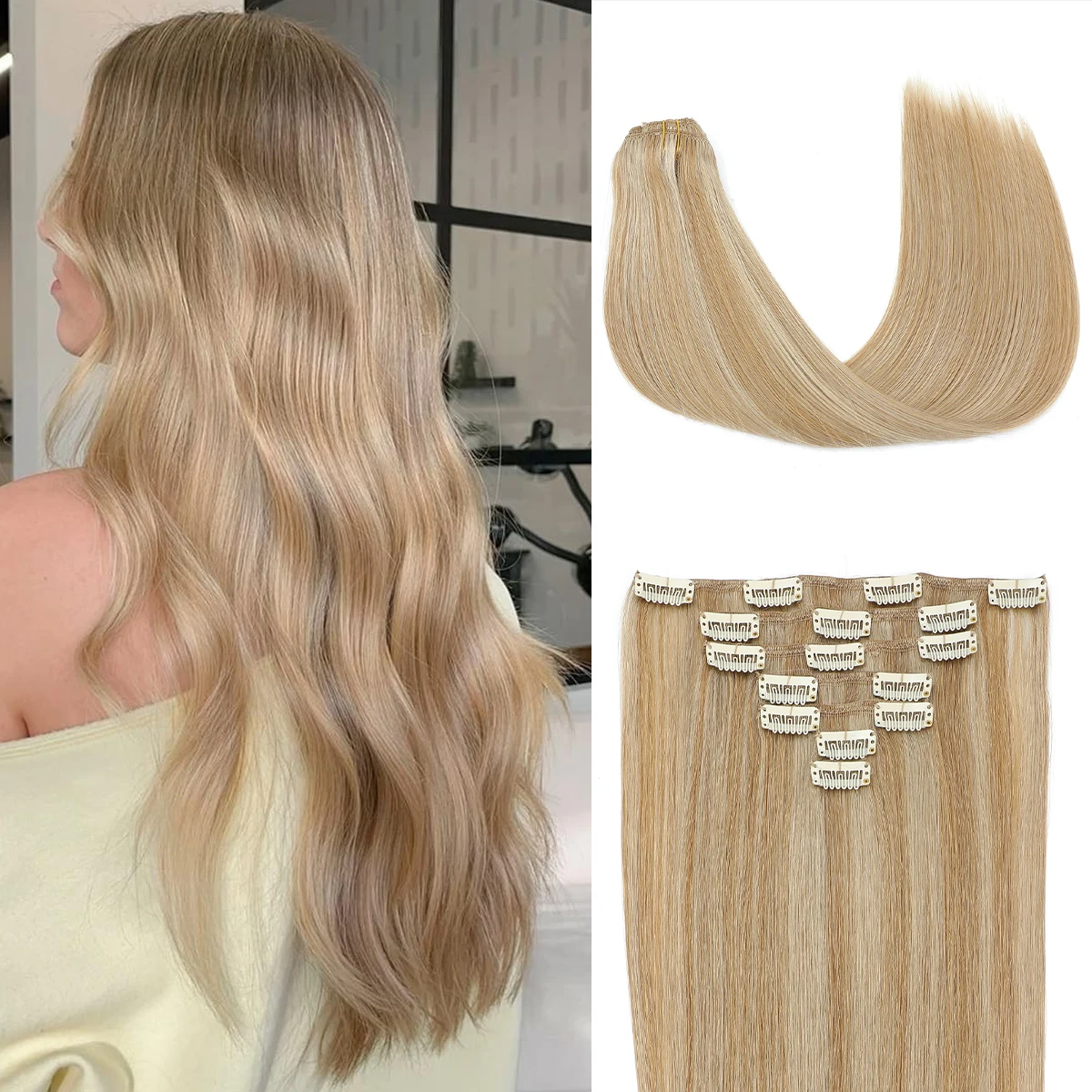 

P16/22 Светло-русый мелированный золотистый блондин на заколке для наращивания волос Человеческие волосы с тройным утком Европейские заколки для волос Remy Virgin ins