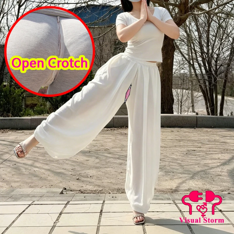 Women See Through Sexy Open Crotch Leggings Super Loose Korean Capris Fake Skirt Pants Hollow Out Sportwear Crotchless Zipper