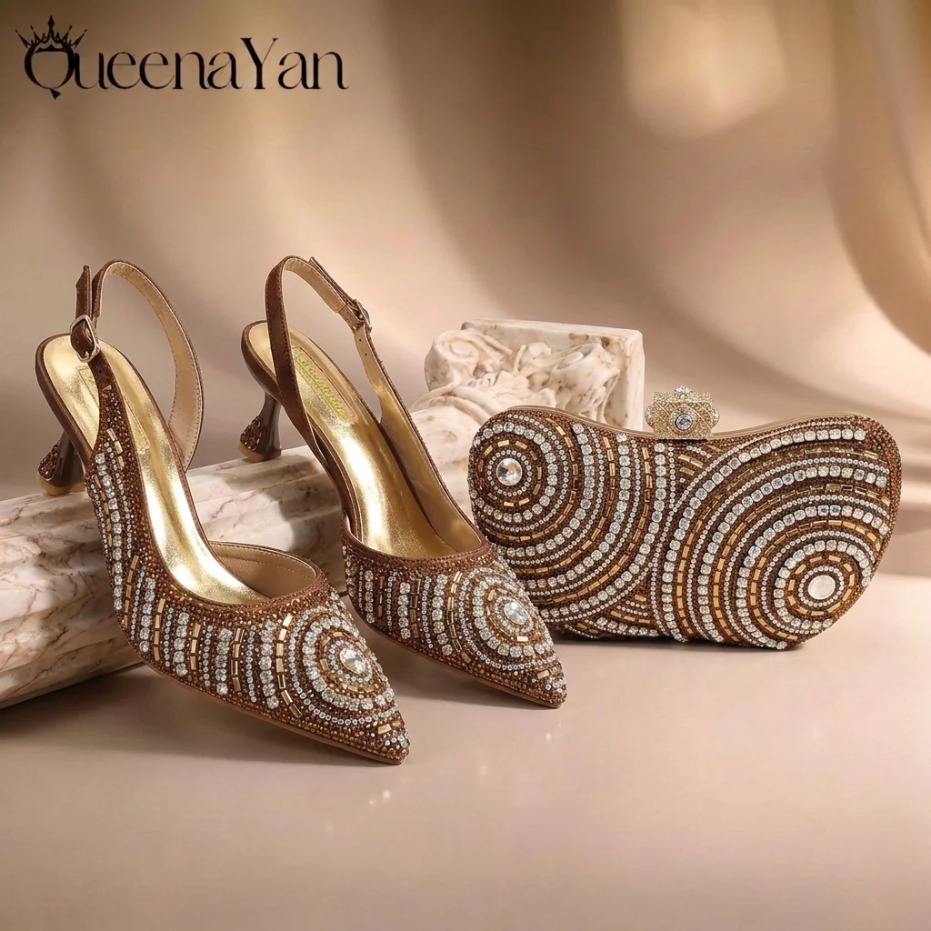 Coffee Rhinestone Slingback Heels and Hardcase Clutch Bag Set Luxury Full Crystal Pointed Toe High Heels for Nigerian Wedding