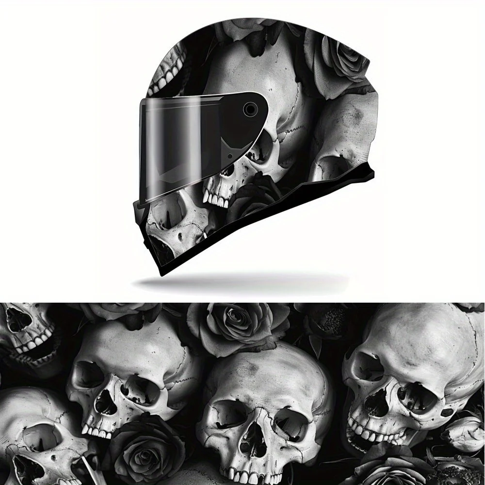 

Black and White Skull and Rose Full Face Helmet Vinyl Wrap Sticker, Waterproof Scratch-Resistant Self-Adhesive PVC Decals, Artis