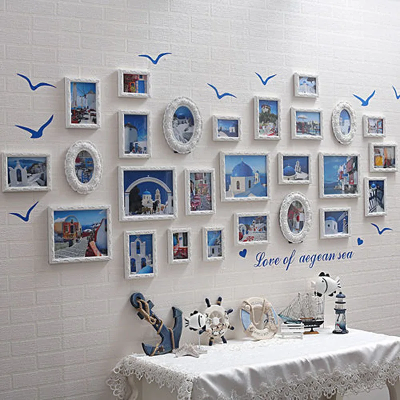Boy Room Decor Blue White Mediterranean Style Photo Frame Combination Hanging Paintings Murals Sticking Picture Frame Home Decor