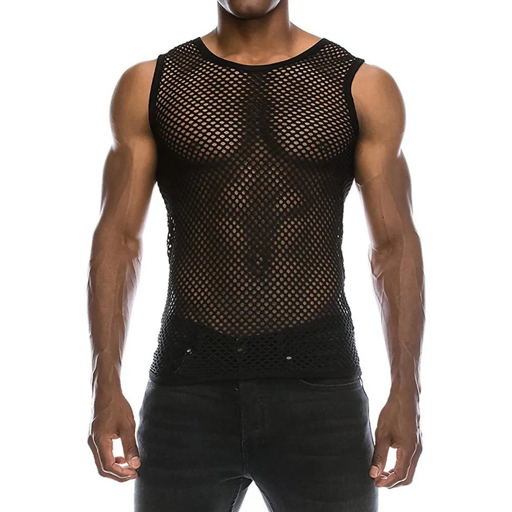 Mens Sexy Tank Top Transparent Mesh Undershirt Fishnet Vest String Sleeveless Shirts Male See Through Night Clubwear Slim Sport