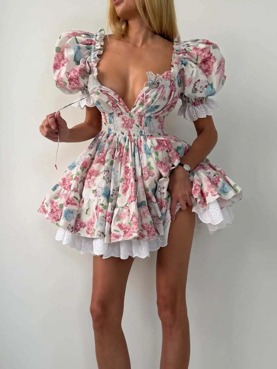 Fashion Floral Lace Trim Corset Dress, Square Neck Tie Waist Bodycon Dresses Spring Summer view 6