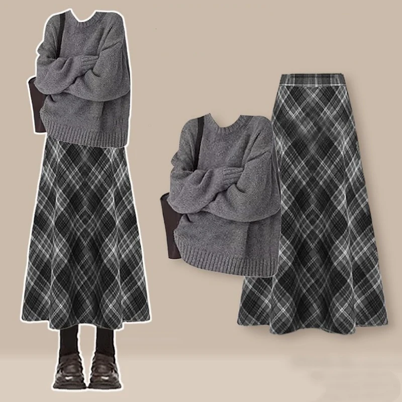 Женский осенне-зимний винтажный серый свитер, клетчатые юбки, костюмы из двух предметов, женский повседневный вязаный пуловер с v-образным вырезом, топы, юбка, наряды