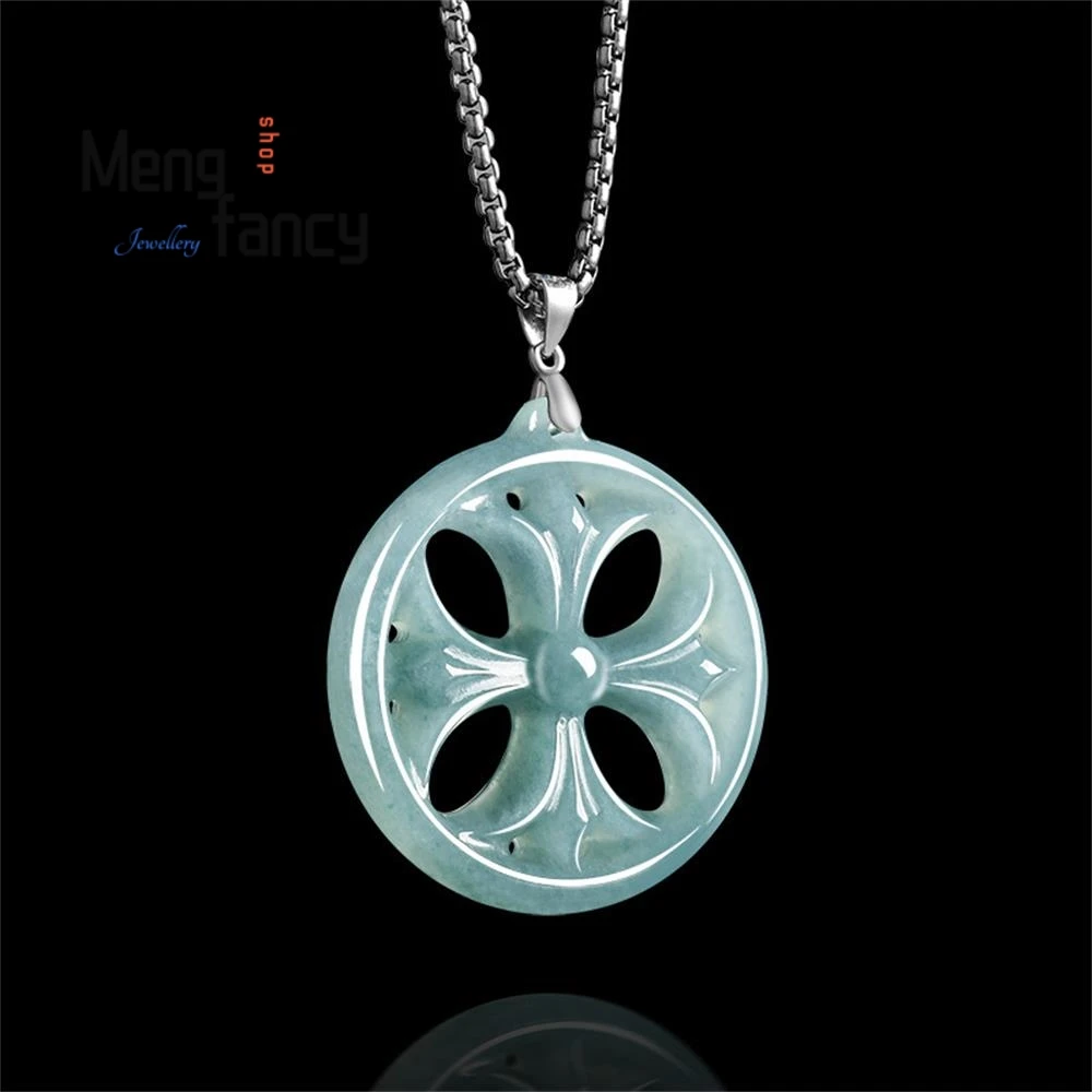 

Authentic Natural A-grade Jadeite Blue Water Cross Ice Seed Jade Pendant Luxury Fashion Fine Jewelry National Style Holiday Gift