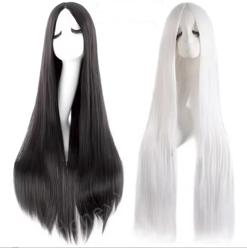 

100CM Long Straight Wig White Black Hair for Cosplay Costume Anime Middle Part