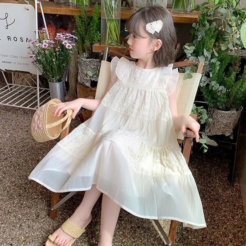 Summer baby girls white Dress 2025 New Childrens Princess Sleeveless Skirt High End kids clothes 3-4-6-7-13 14+ teen girls dress