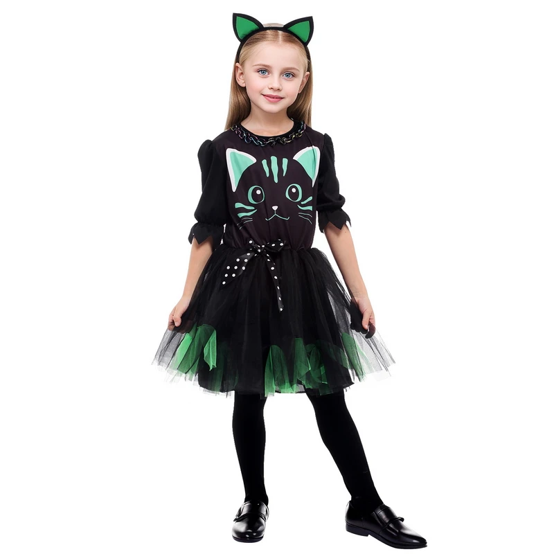 Halloween Cute Cat Cosplay Costume for Girls Kids Children Princess Carnival Party Dress Role Play Outfit