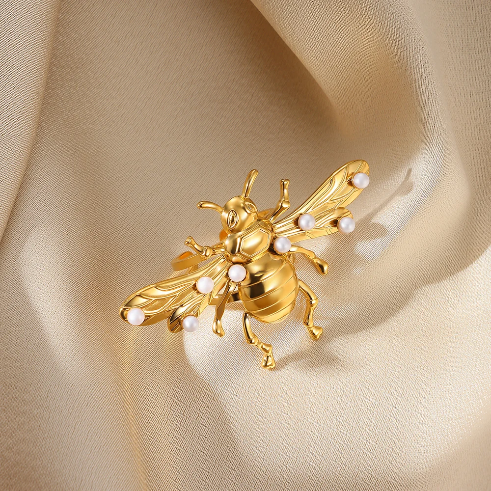 

Punk Design Bee Imitation Pearl Open Rings For Women Men Personalized Animal Stainless Steel Gold Color Finger Jewelry Her Gifts