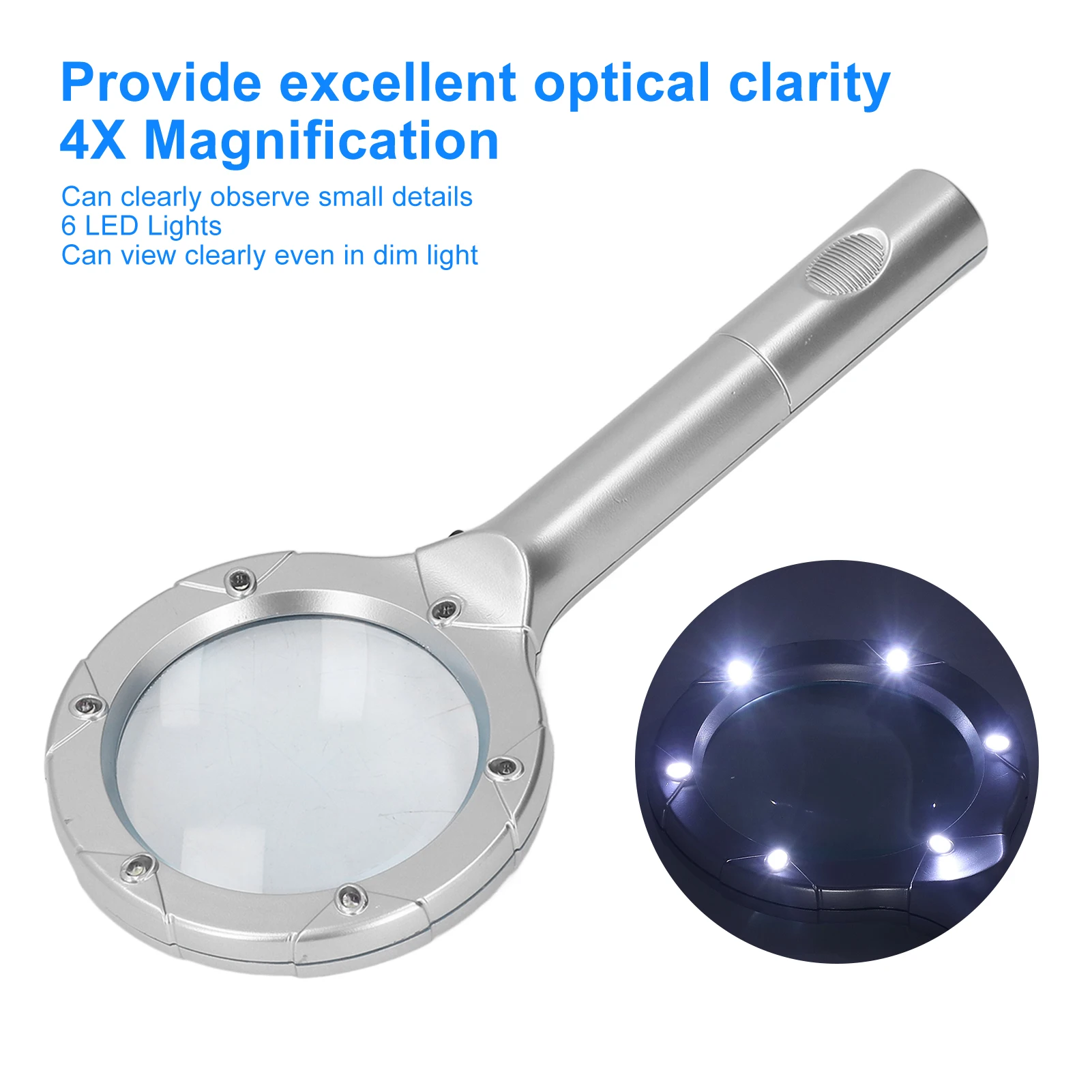 Handheld Magnifying Glass 4X Optical Illuminated Magnifier with 6 LED Lights for Reading Collecting Illuminated Magnifying Glass