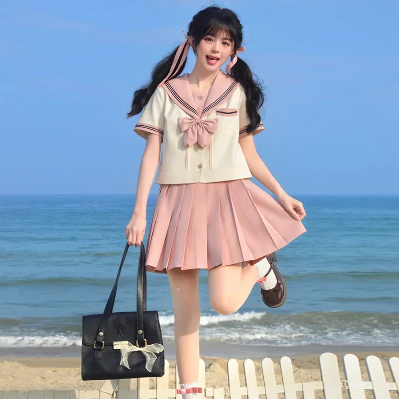 2024 Japanese JK Uniform Sailor Collar Preppy Style Beige Pink Color Matching Short Sleeves Top Pleated Skirt Bow Suit For Girls