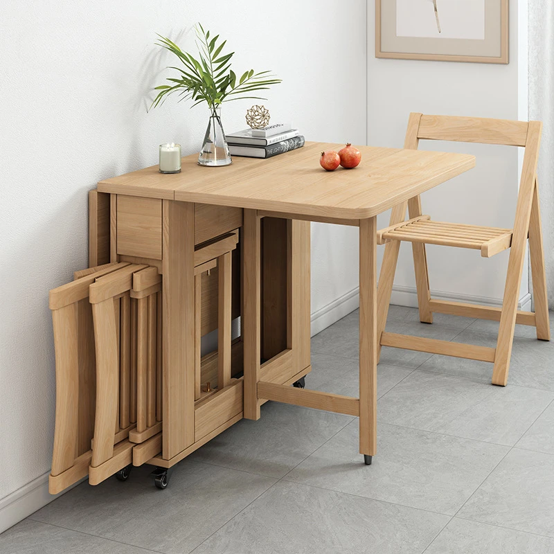 Small household dining table with solid wood folding table Simple and modern movable folding table