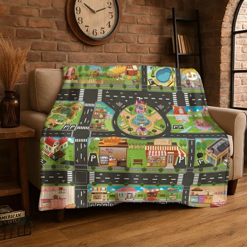 City Traffic Road Highway Runway Map Playmat Playroom Flannel Blanket Soft Throw Blanket for Bedroom Living Room Bed Picnic Nap