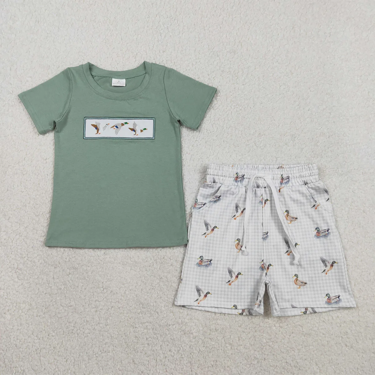 Kids Baby Boy Short Sleeve Clothes Set Embroidery Top Plaid Pockets Ducks Shorts Infant Toddler Outfits Children Clothing