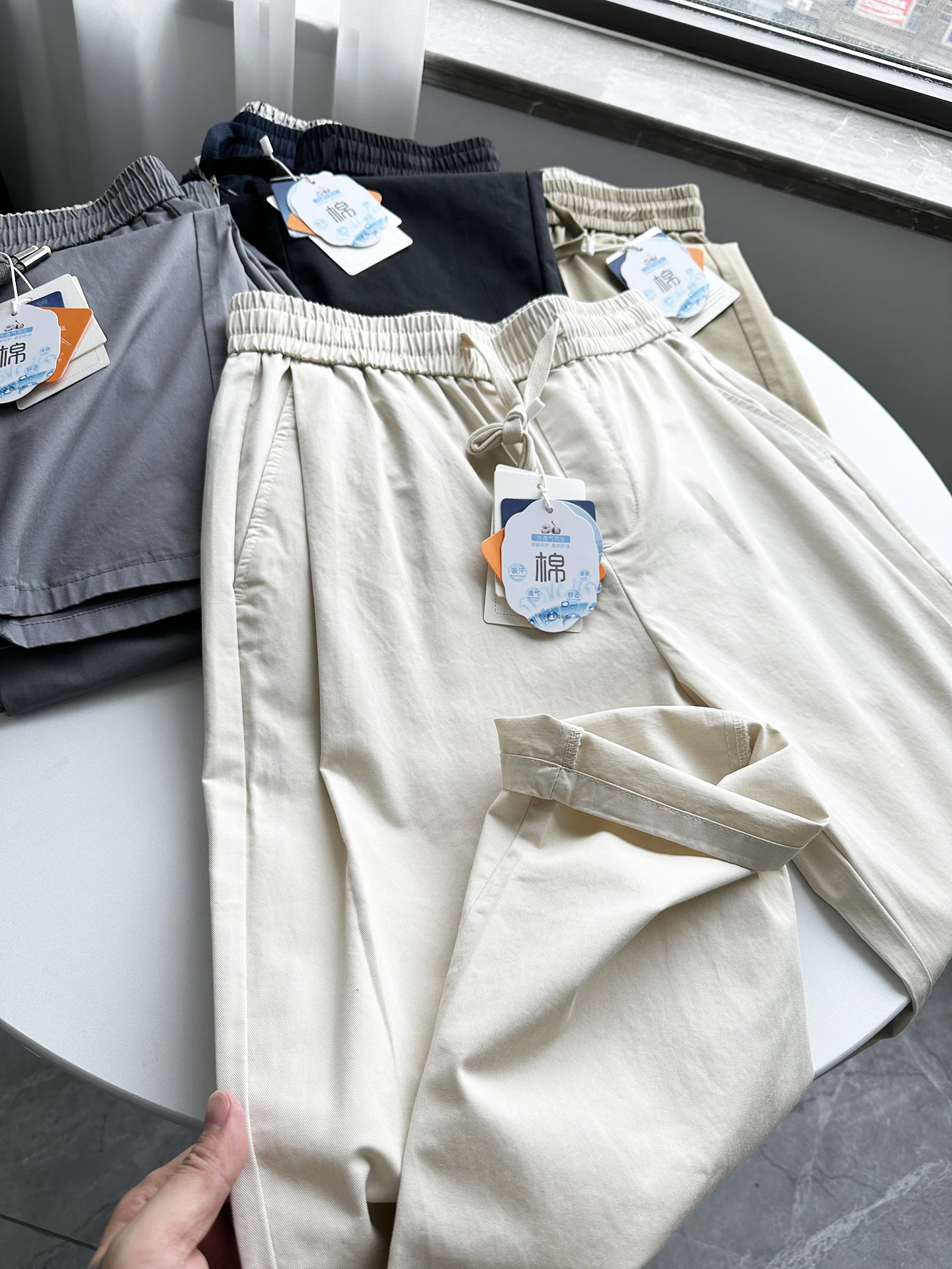 Men's Straight Leg Casual Pants Pure Cotton Washed Plaid Commuter Style Long Trousers Comfortable Breathable Fashionable