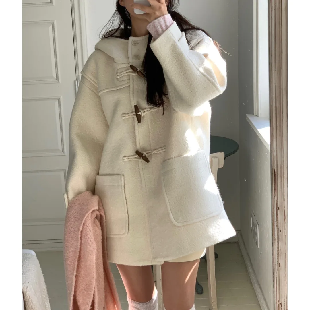 

Женское шерстяное пальто, осенне-зимнее корейское пальто, милое мягкое аосфера, антивозрастное милое теплое большое пальто с капюшоном на пуговицах