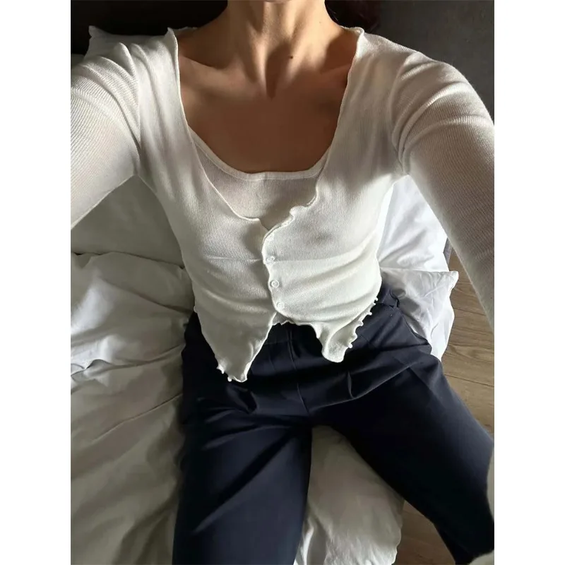 

Ruffled Knit Sweater Cardigan Top For Women Square Collar Patchwork Long Sleeve Slim Knitwear Top Female Summer Cardigan