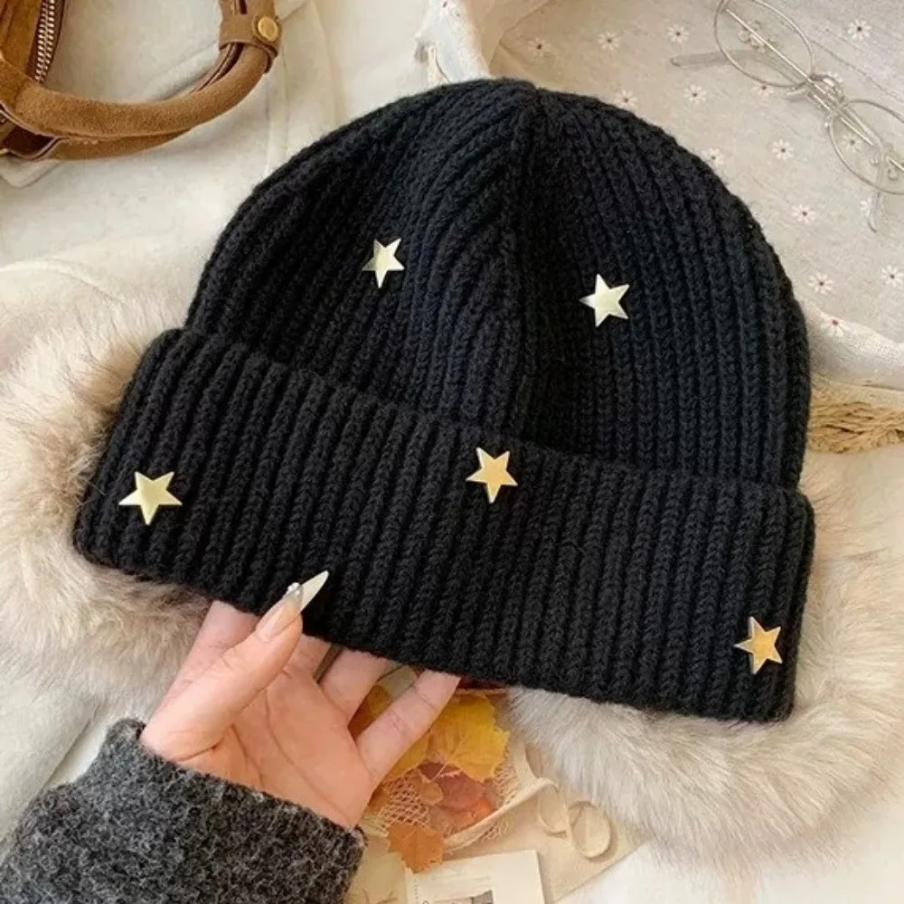 Weiche, winddichte, gestrickte Mütze mit Sternenmuster, gestricktes Design mit Umschlag, winddichte Kappe, koreanischer Stil, wärmend, Damen, warme Mütze, ideal für Reisen. – Detail 4
